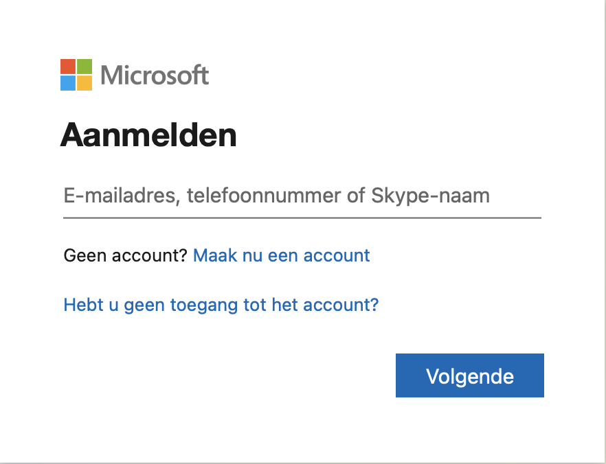 Aanmeld venster voor Office 365 en andere diensten, zoals Azure.